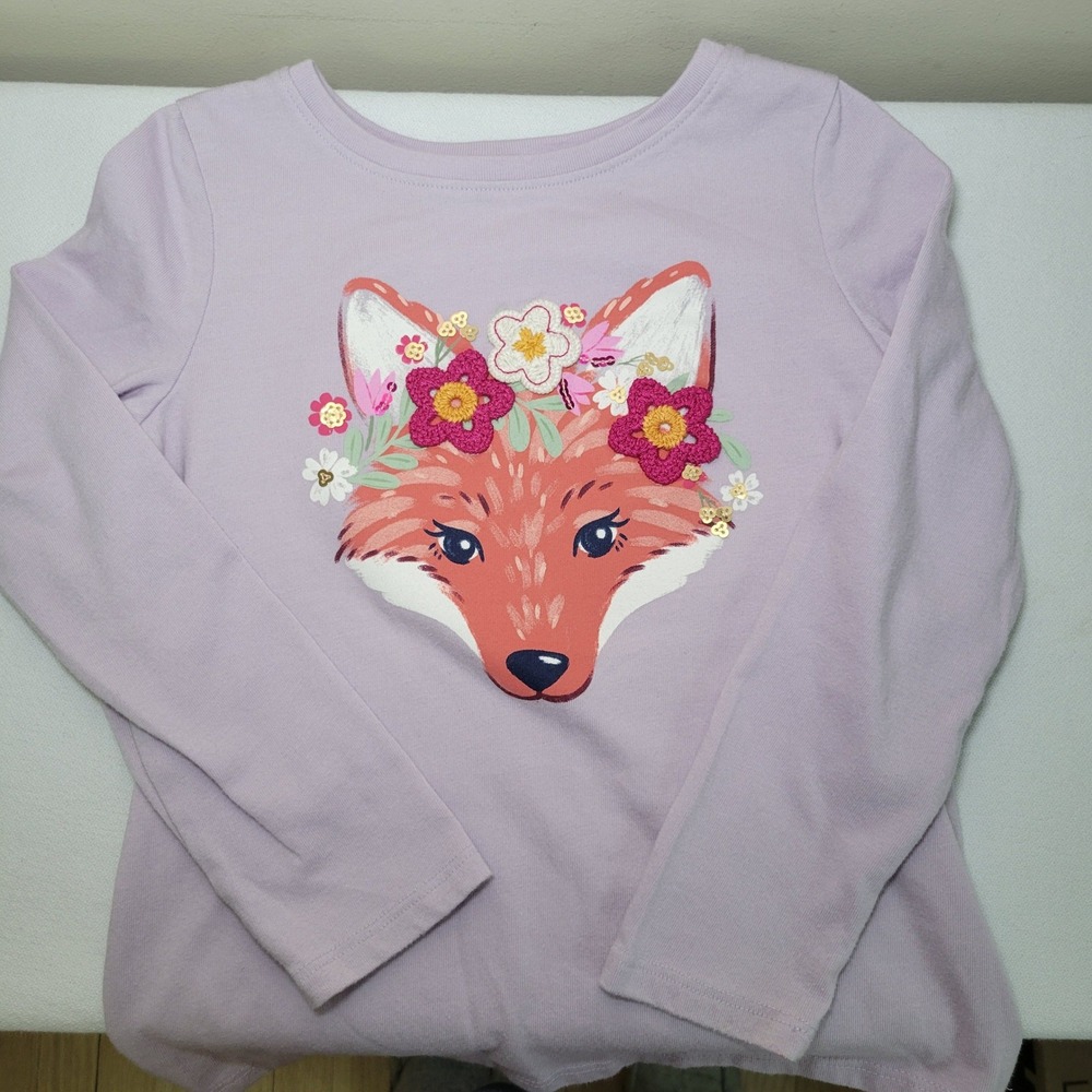 Jumping Beans Girls Lavender Fox Long Sleeve Softest Tee Crochet Flowers Size 5